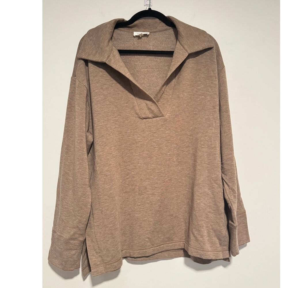 Haven Well Within L Tan Collared Pullover Top Long Sleeve TENCEL Blend Shirt